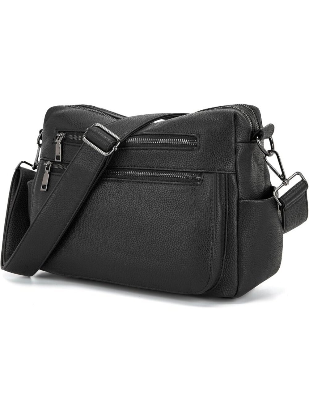 Women's S-Black Faux Leather Adjustable Wide Strap with 10 Pockets Shoulder Bag